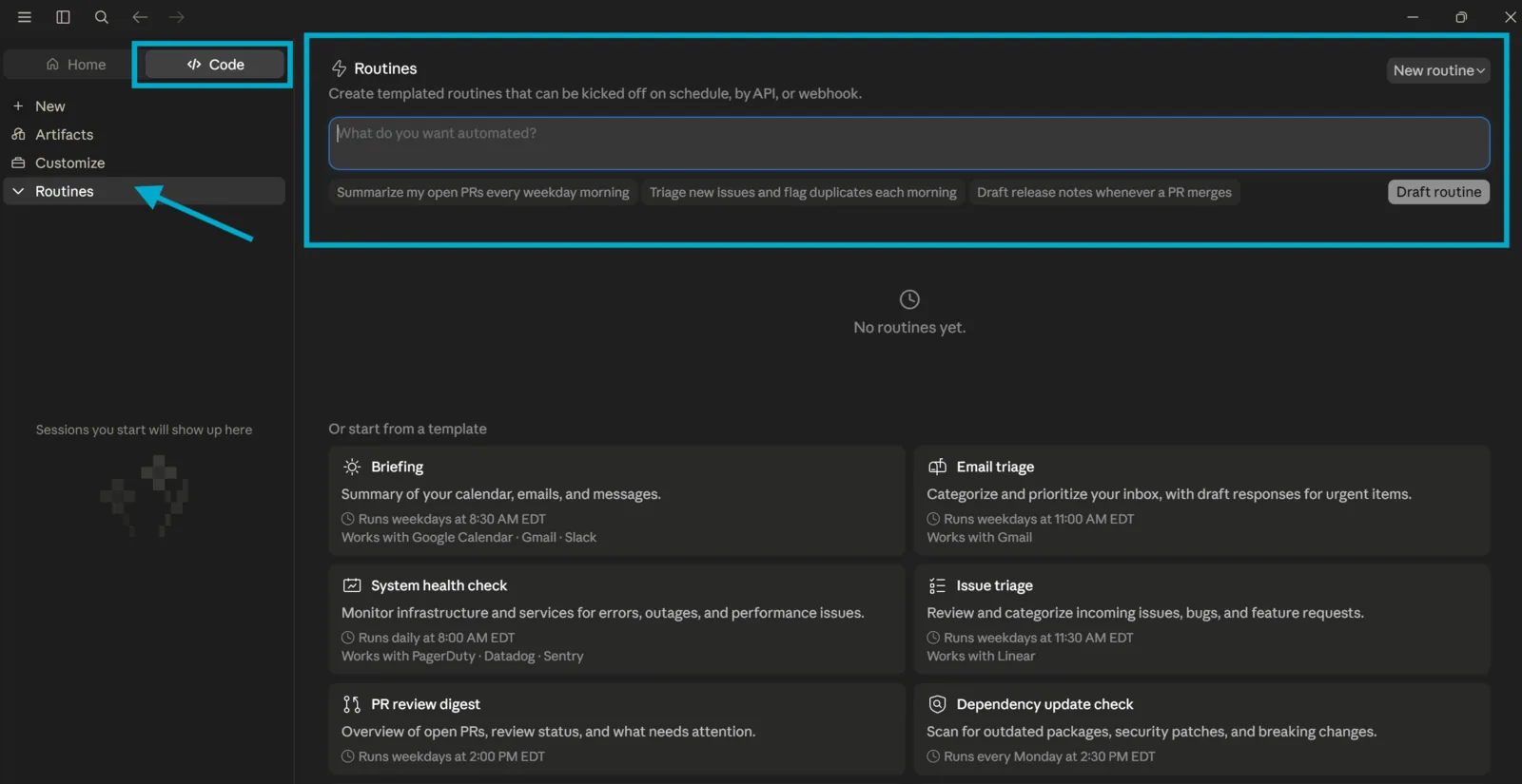 The Routines panel in Claude, with templates for a morning briefing, email triage, issue triage, a system health check, a PR review digest, and a dependency check, each showing its own fixed run time.