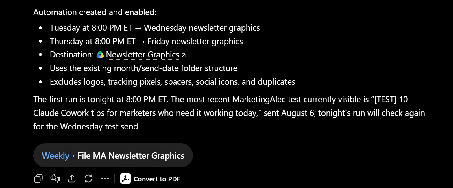 A confirmation that a routine was created and enabled: it runs Tuesday and Thursday at 8:00 PM ET and files the newsletter graphics into a Drive folder.