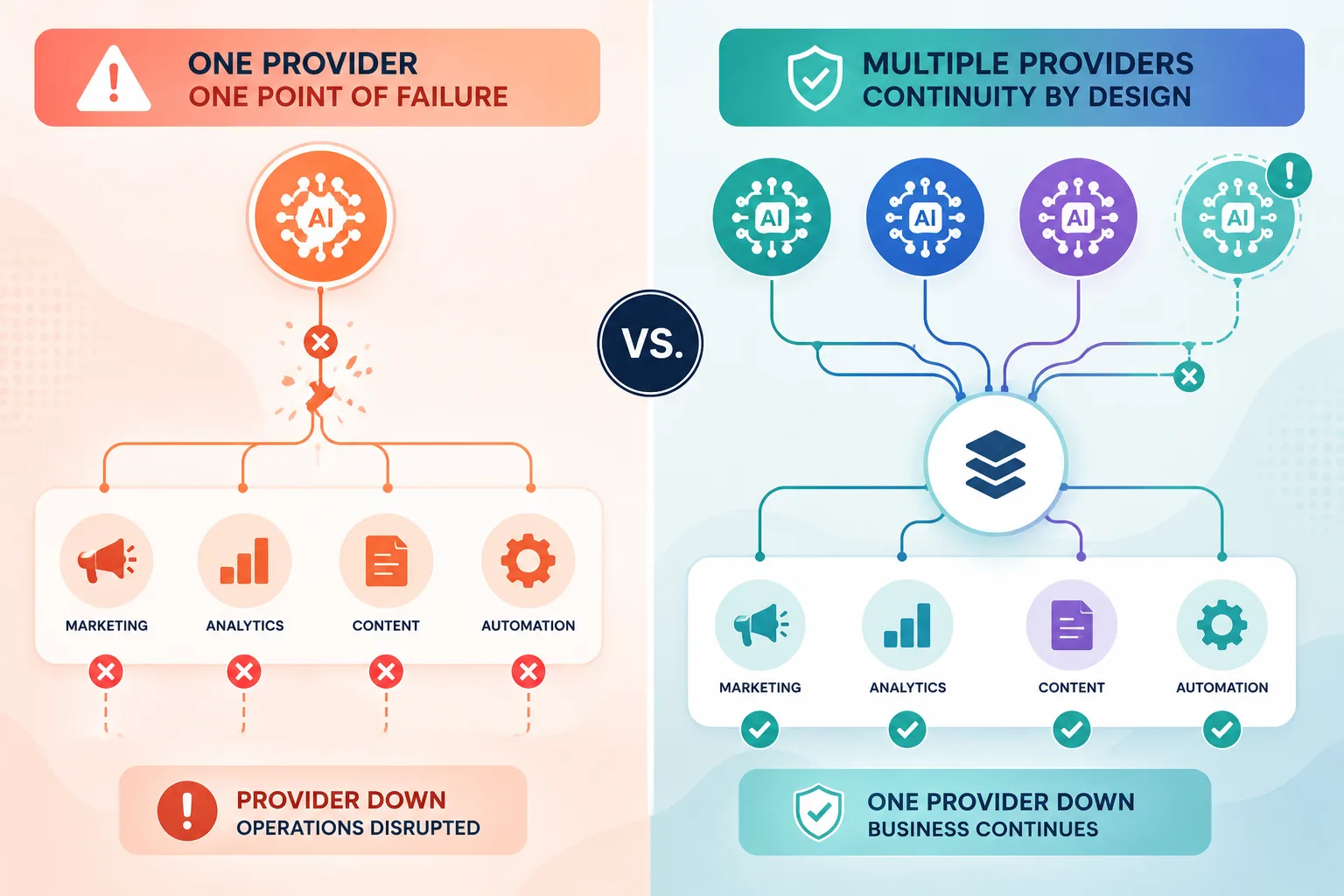 Comparison graphic: 'One Provider, One Point of Failure' with operations disrupted when it goes down, versus 'Multiple Providers, Continuity by Design' where marketing, analytics, content, and automation keep running.