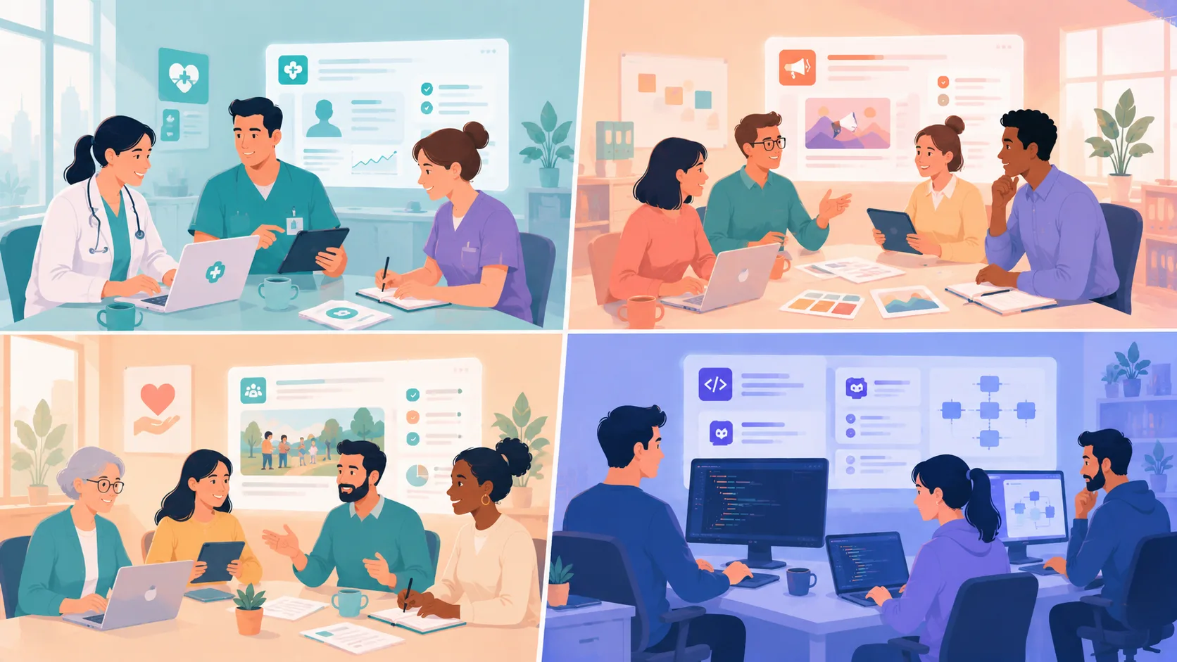 Four illustrated workplace scenes — a regulated healthcare team, a marketing agency, a small nonprofit, and a developer team — each needing a different AI fit.