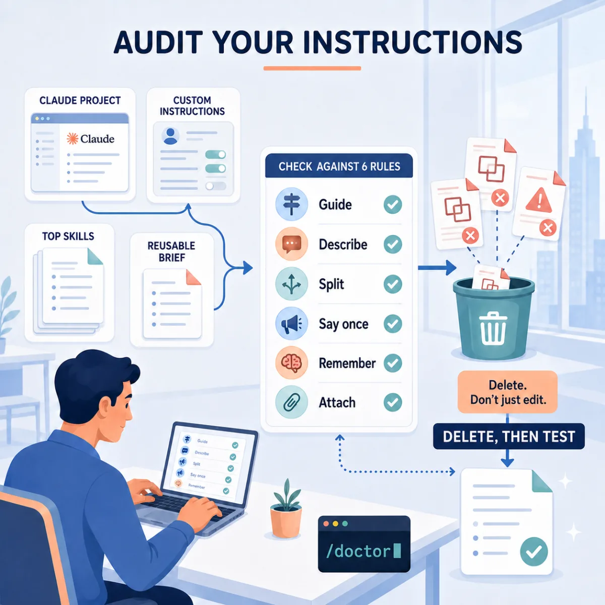 Workflow graphic titled Audit Your Instructions: a Claude Project, custom instructions, top skills, and a reusable brief feed into a checklist of the six rules, with the failures going in the trash under the line Delete. Don't just edit. Delete, then test, with a /doctor terminal window below.