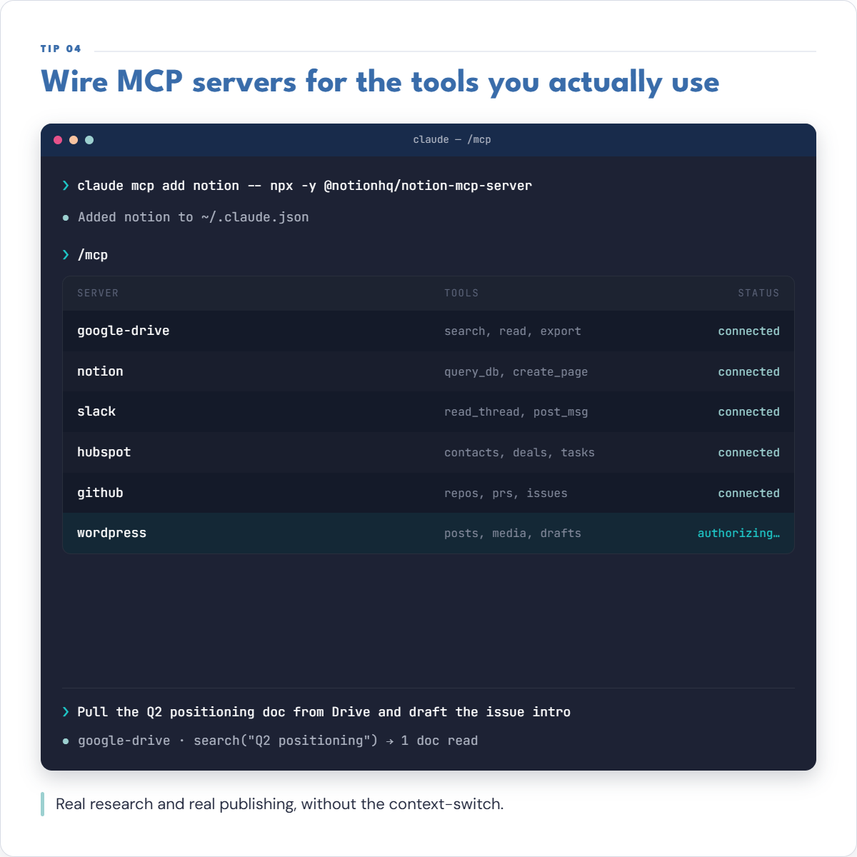 MCP servers wiring Claude Code to Drive, Notion, Slack, and GitHub.