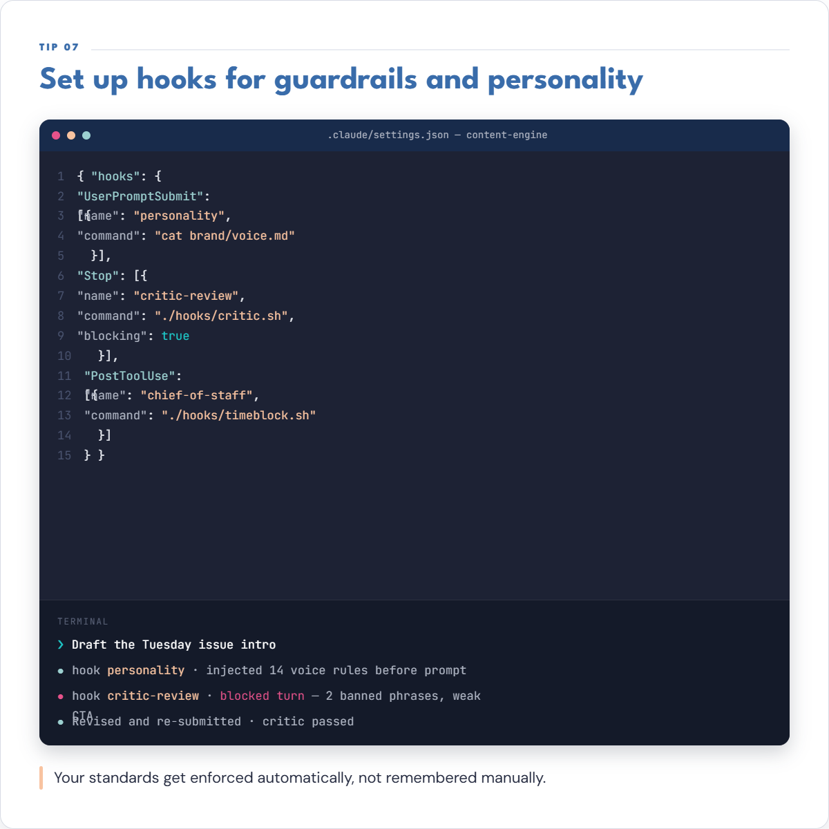 A hook firing automatically at a lifecycle event, no reminder needed.