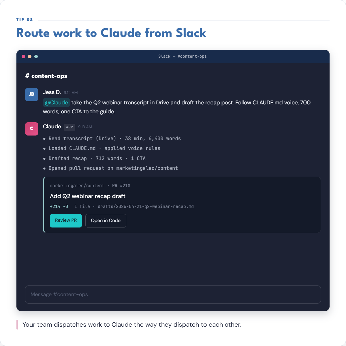 @Claude replying in a Slack thread everyone on the channel can see.