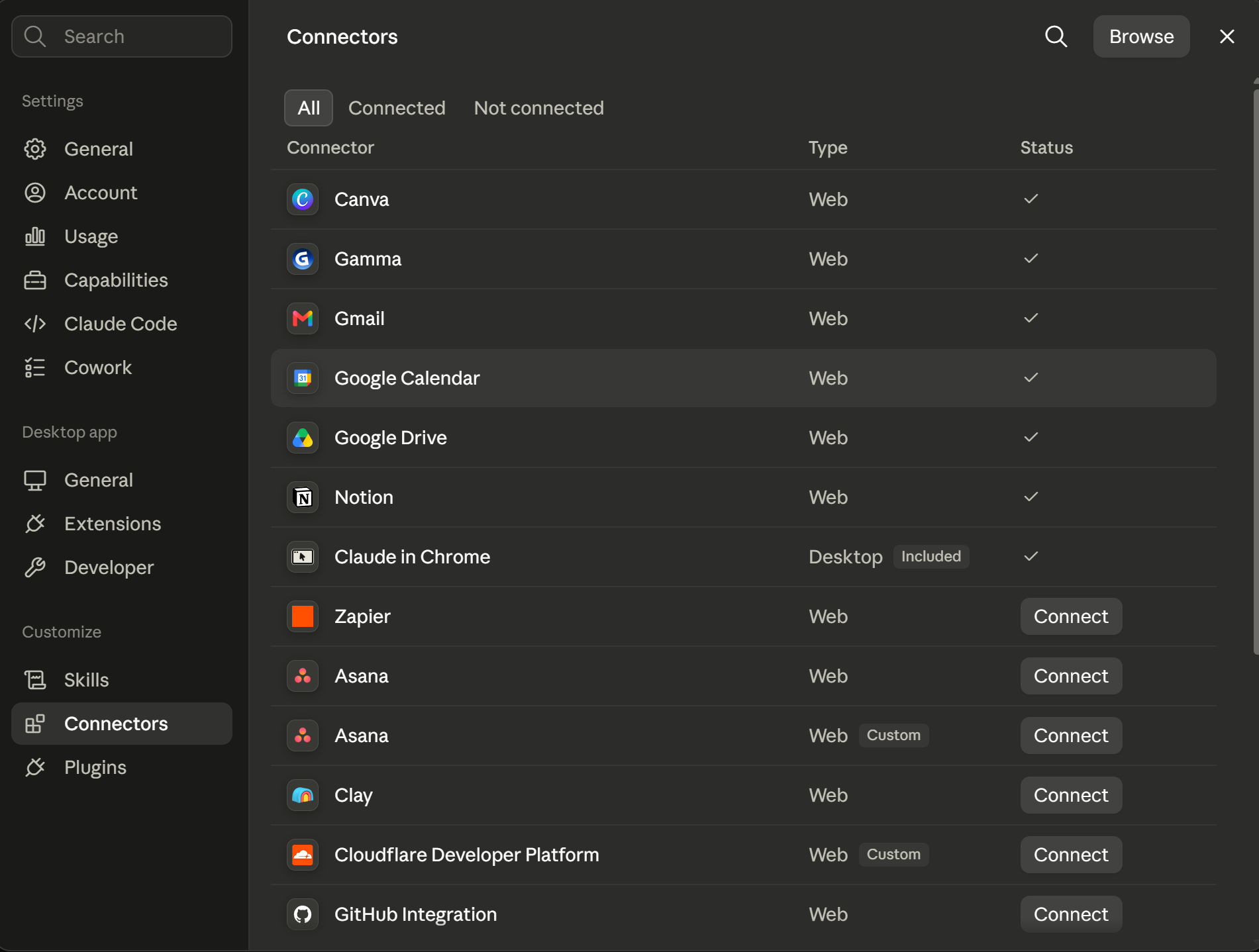 The Connectors panel: Gmail, Google Calendar, Google Drive, and Notion wired in once, available to every task