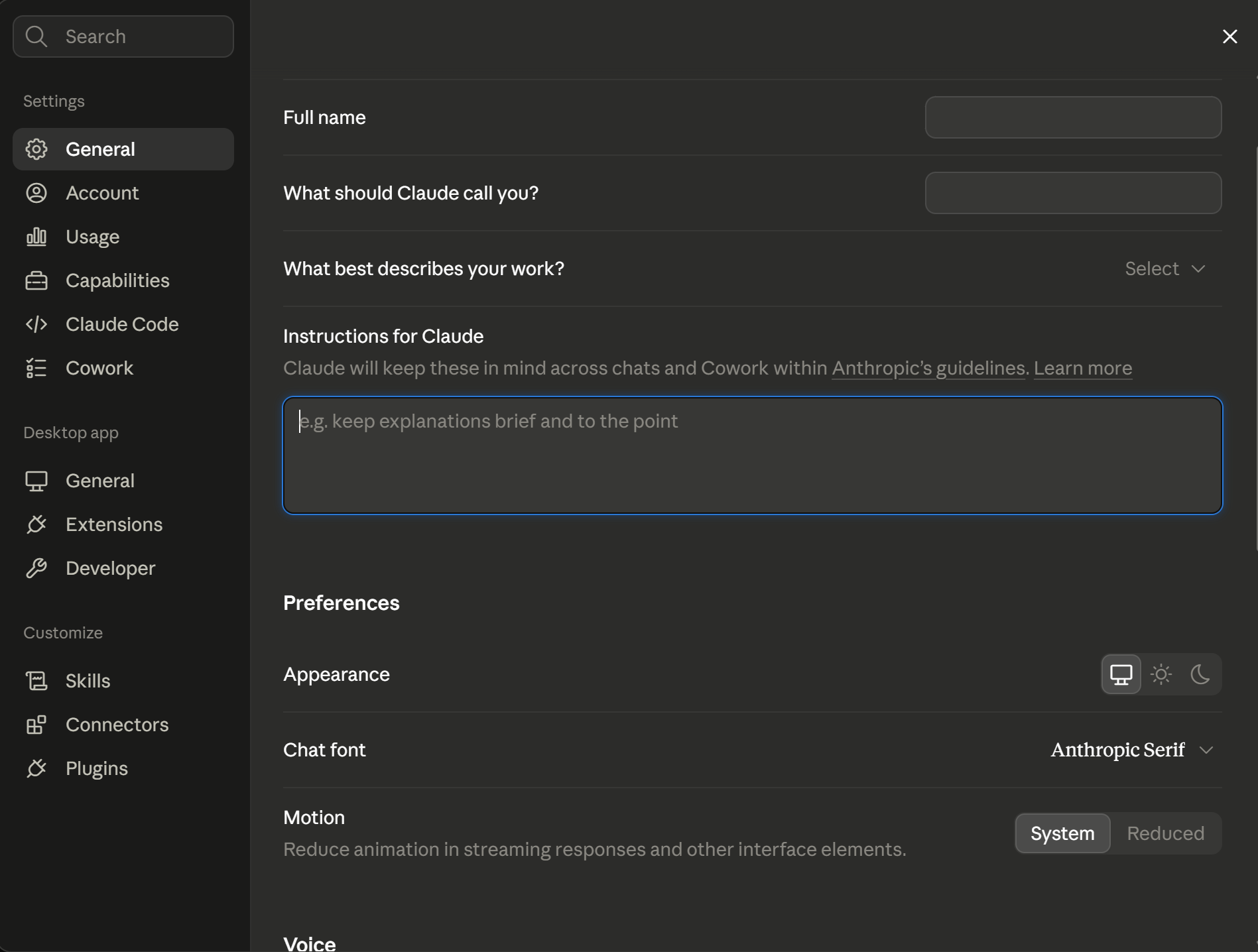 The General settings panel, where Global Instructions live alongside your name and appearance preferences
