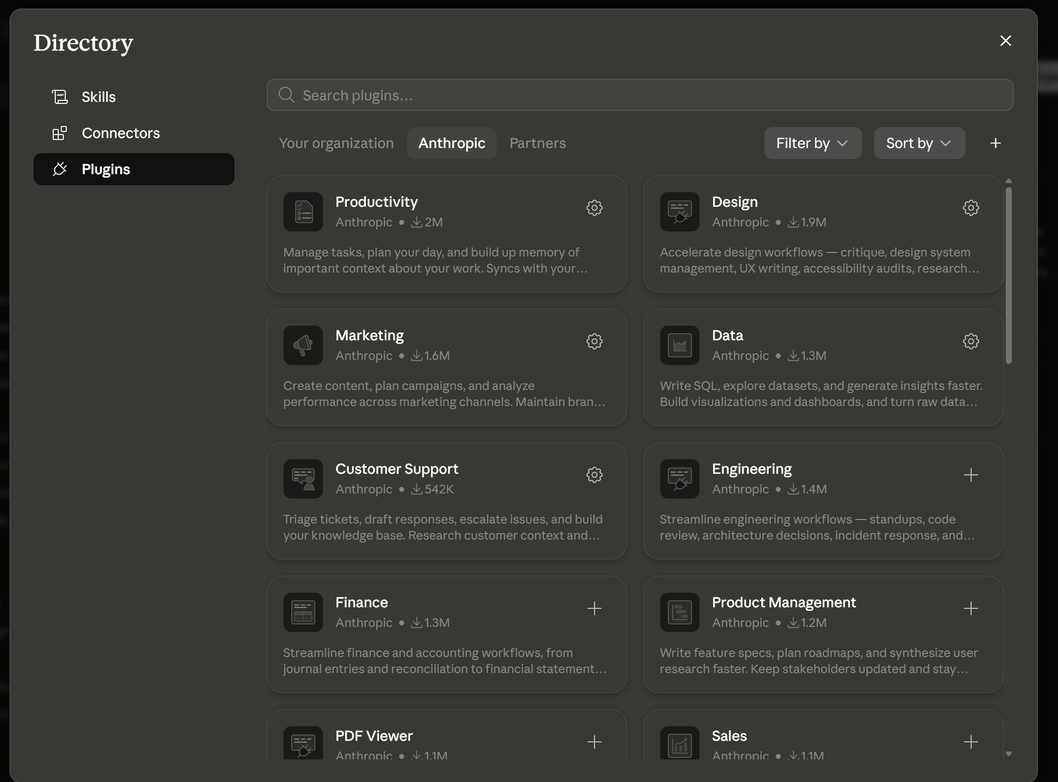 The Plugin directory, Marketing, Productivity, and Design bundles ready to install