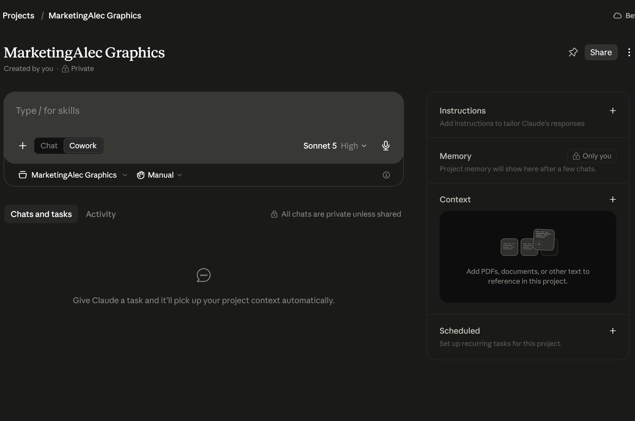 Inside a Project: instructions, memory, context files, and scheduled tasks all scoped to one client