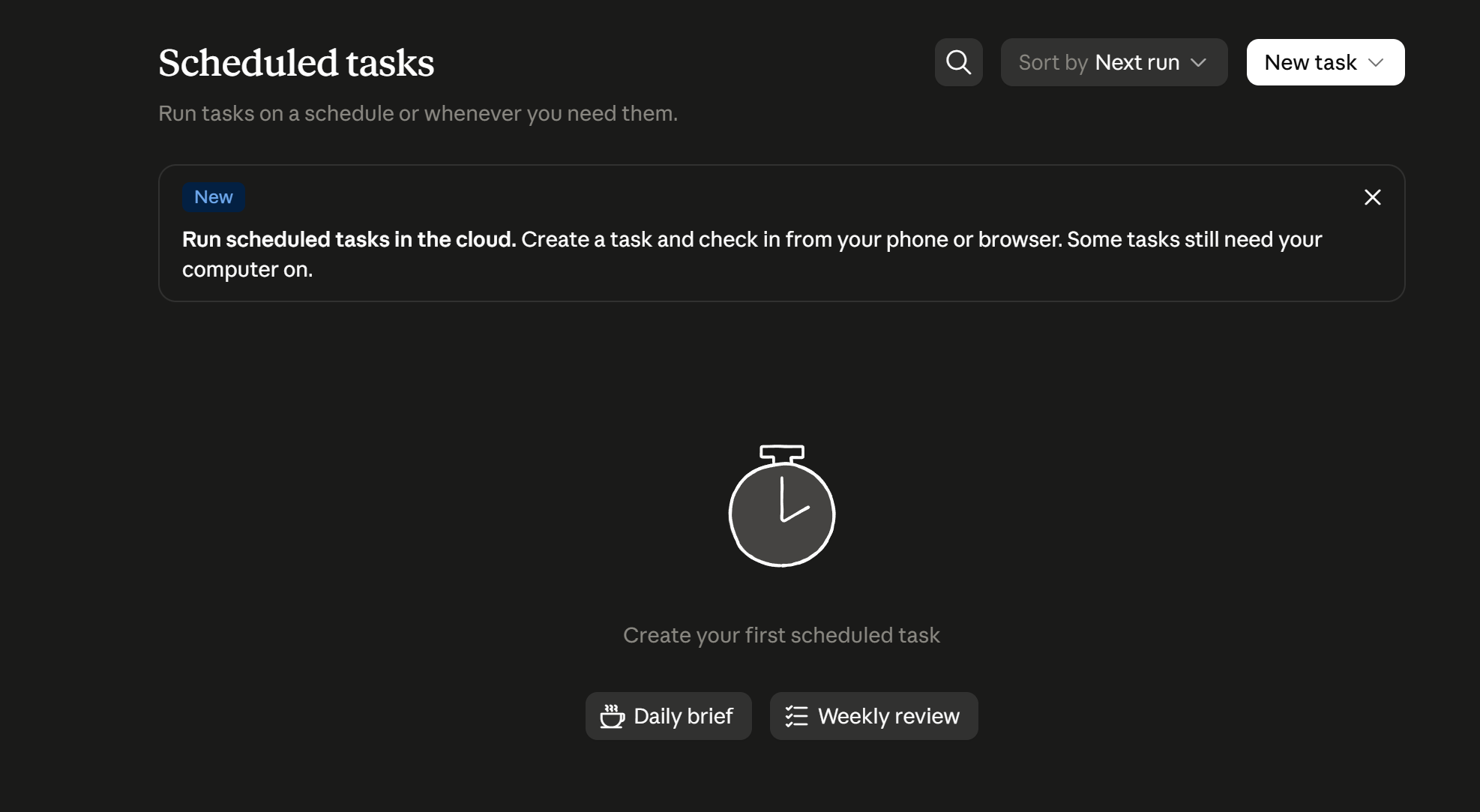 The Scheduled tasks panel, set up a recurring morning brief or weekly review in a click