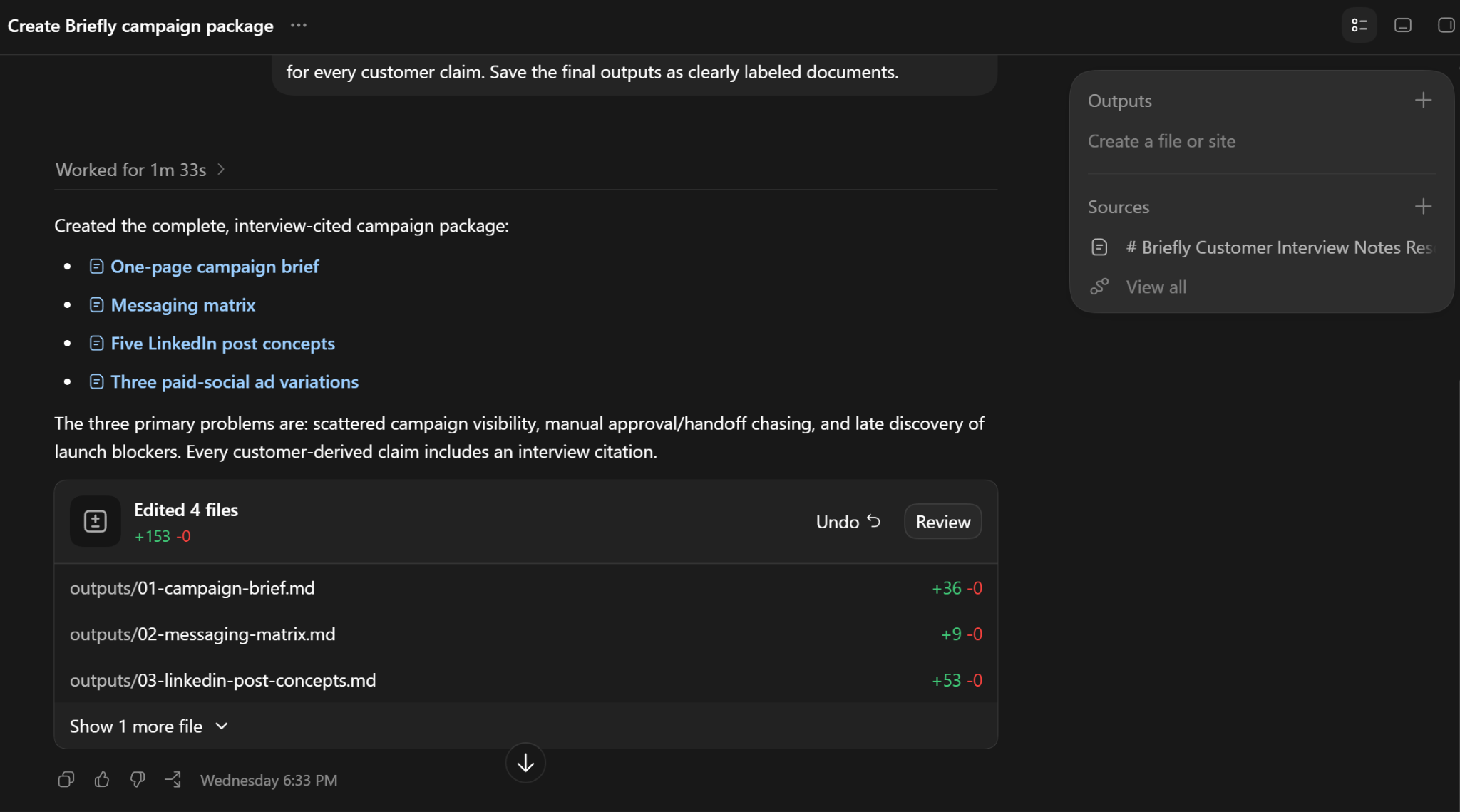 Finished output: labeled files, cited sources, ready to review
