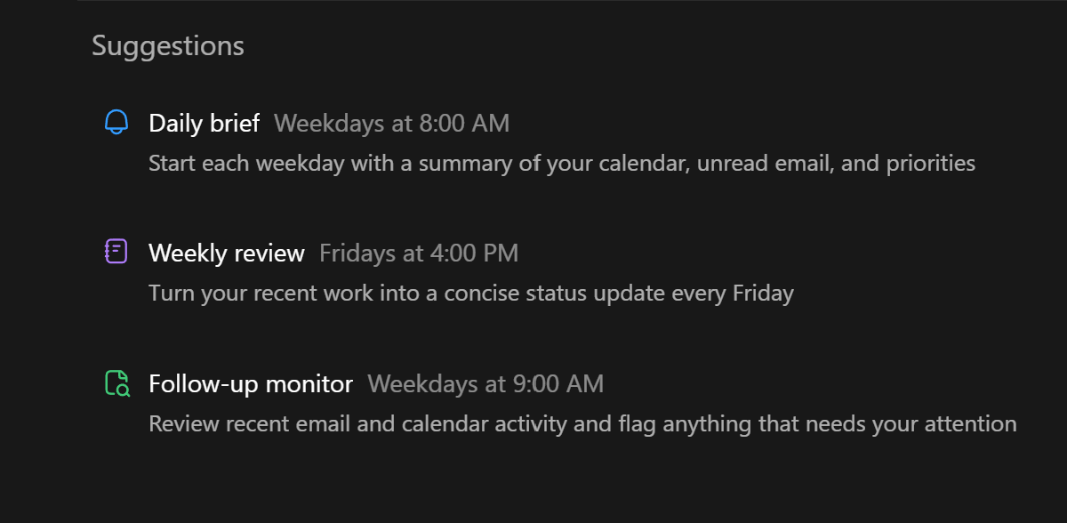 Suggested scheduled tasks: daily brief, weekly review, follow-up monitor