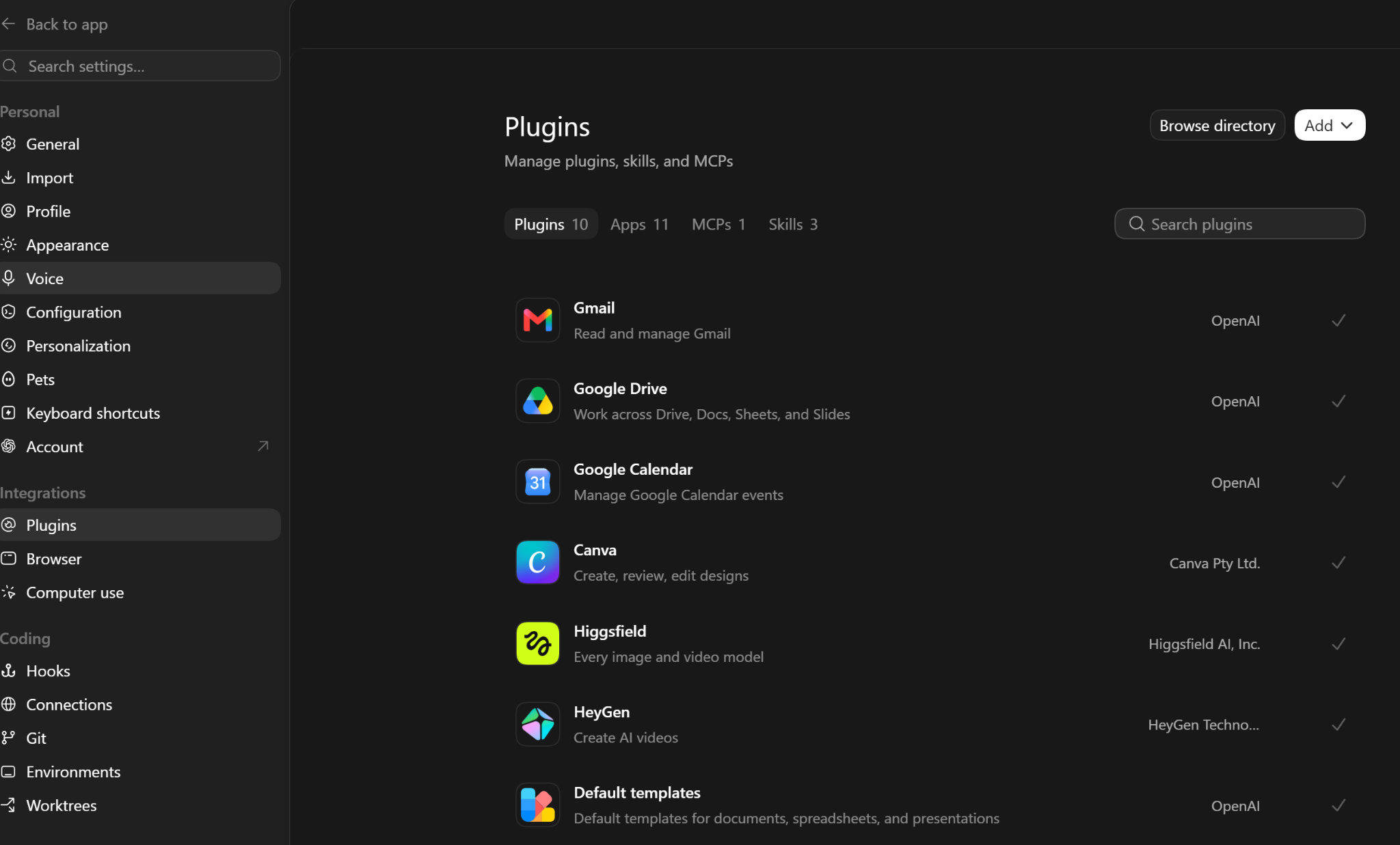 Settings → Plugins: every app Work can connect to