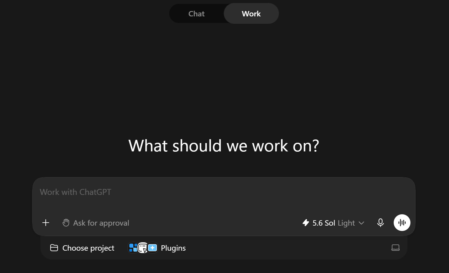 Flipping the toggle from Chat to Work