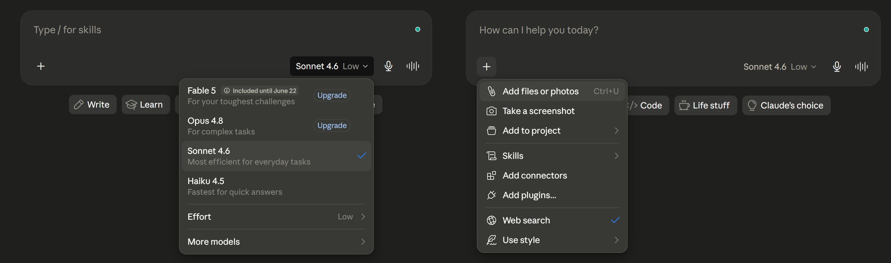 Claude web interface with the model selector below the input box