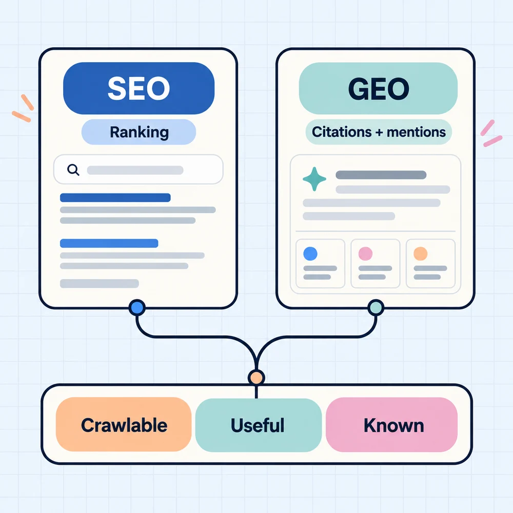 SEO and GEO share one foundation: pages that are crawlable, useful and known. SEO measures ranking; GEO measures citations and mentions.
