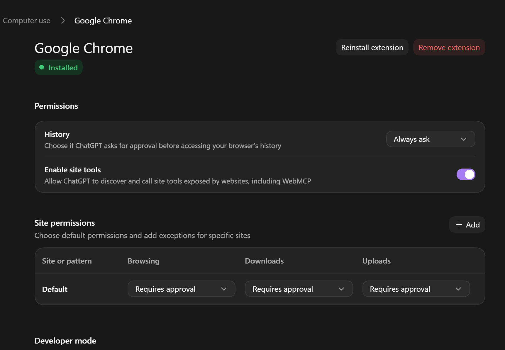 Settings → Computer Use → Google Chrome: history, site tools, and per-site approval controls.
