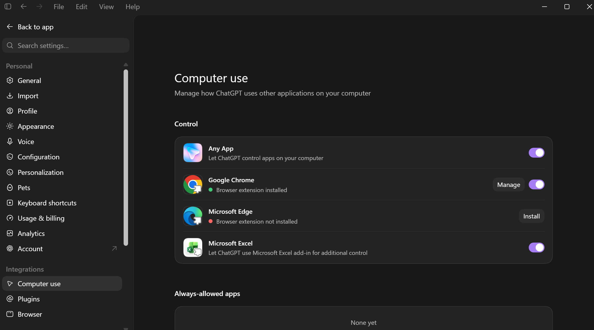 Settings → Computer Use: turn on Any App, or scope it to just Chrome, Edge, or Excel.